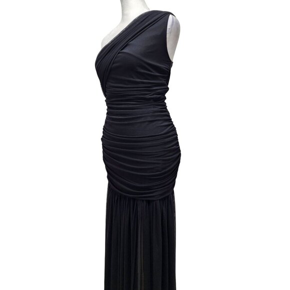 One-Shoulder Black Ruched Evening Gown With Sheer Skirt Size S - Picture 5 of 9